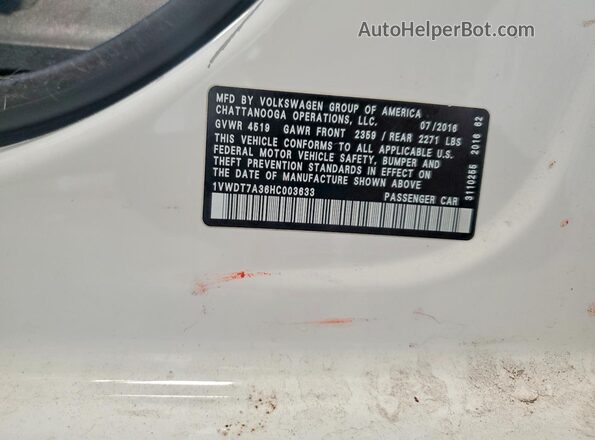 1VWDT7A36HC003633 2017 VOLKSWAGEN PASSAT Белый Вид подкапотного пространства
