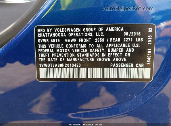 1VWDT7A36HC013420 2017 VOLKSWAGEN PASSAT Blue Engine compartment view