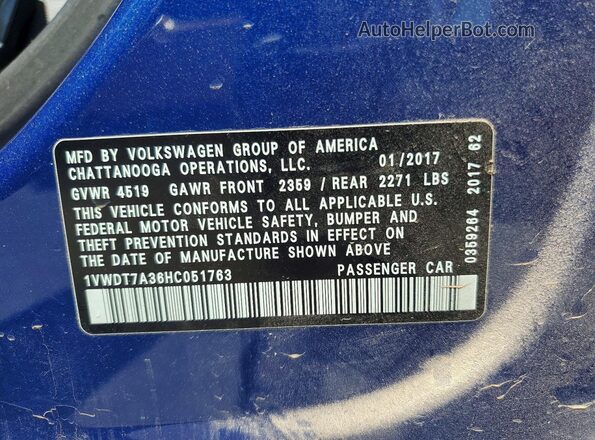 1VWDT7A36HC051763 2017 VOLKSWAGEN PASSAT Blue 