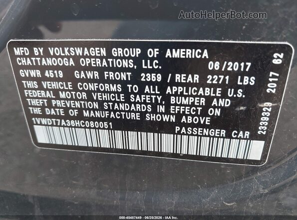 1VWDT7A36HC080051 2017 VOLKSWAGEN PASSAT Gray ძრავის განყოფილების ხედი
