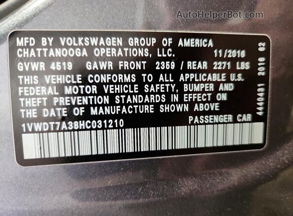 1VWDT7A38HC031210 2017 VOLKSWAGEN PASSAT Gray Widok komory silnika
