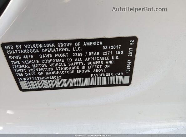 1VWDT7A38HC065082 2017 VOLKSWAGEN PASSAT White Շարժիչի բաժամունքի տեսք
