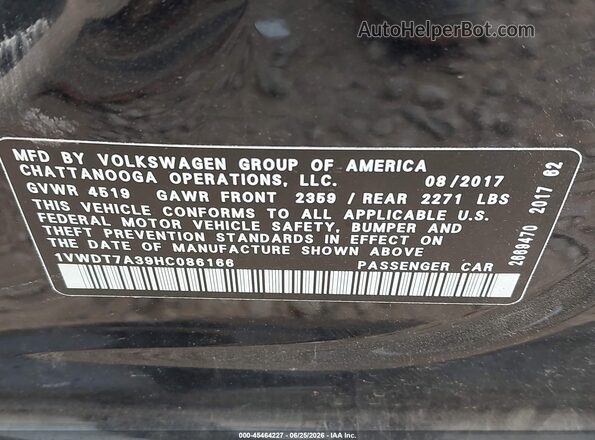 1VWDT7A39HC086166 2017 VOLKSWAGEN PASSAT Black Вид підкапотного простору