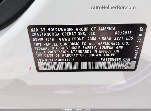 1VWGT7A31HC011295 2017 VOLKSWAGEN PASSAT Белый Вид подкапотного пространства