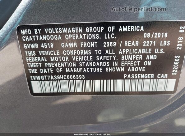 1VWGT7A39HC006393 2017 VOLKSWAGEN PASSAT Gray Engine compartment view