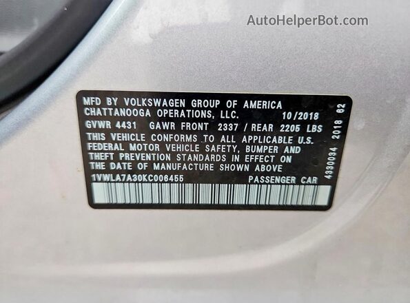 1VWLA7A30KC006455 2019 VOLKSWAGEN PASSAT Silver Engine compartment view
