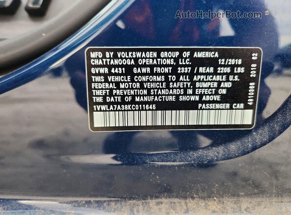 1VWLA7A38KC011645 2019 VOLKSWAGEN PASSAT Blue Engine compartment view