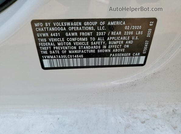 1VWMA7A30LC014545 2020 VOLKSWAGEN PASSAT White 