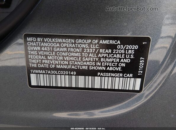 1VWMA7A30LC020149 2020 VOLKSWAGEN PASSAT Gray Vista del compartimento del motor