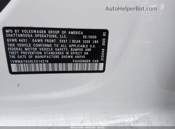 1VWMA7A33LC014216 2020 VOLKSWAGEN PASSAT White Շարժիչի բաժամունքի տեսք