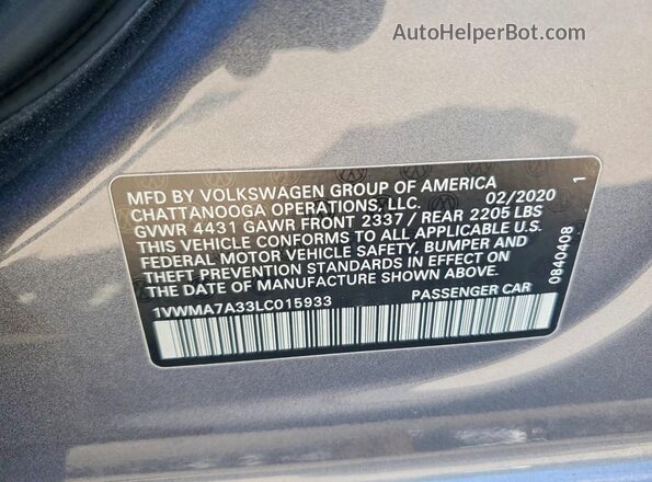 1VWMA7A33LC015933 2020 VOLKSWAGEN PASSAT Gray 