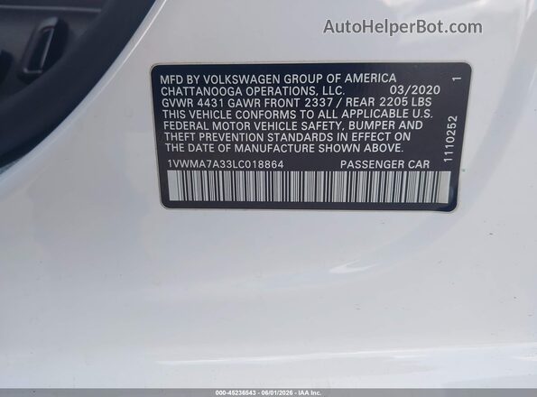 1VWMA7A33LC018864 2020 VOLKSWAGEN PASSAT White Engine compartment view