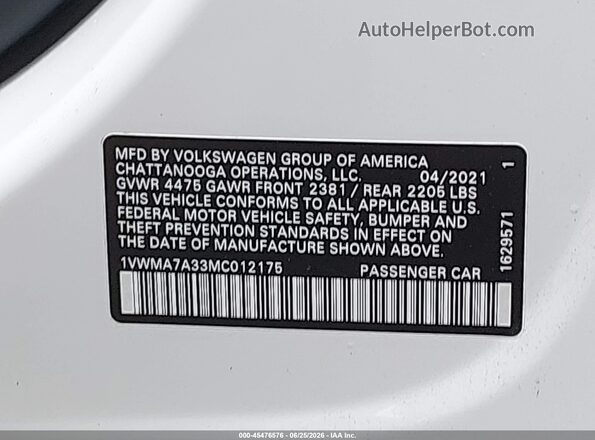 1VWMA7A33MC012175 2021 VOLKSWAGEN PASSAT White ძრავის განყოფილების ხედი