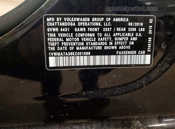 1VWMA7A36KC001099 2019 VOLKSWAGEN PASSAT Black 