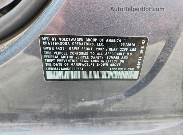 1VWMA7A36KC003564 2019 VOLKSWAGEN PASSAT Charcoal Widok komory silnika