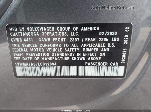 1VWMA7A37LC012694 2020 VOLKSWAGEN PASSAT Gray ძრავის განყოფილების ხედი
