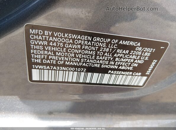 1VWSA7A33NC001072 2022 VOLKSWAGEN PASSAT Gray Вид підкапотного простору