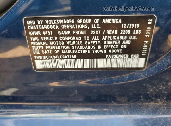 1VWSA7A34LC007265 2020 VOLKSWAGEN PASSAT Blue VIN կոդի պիտակի տեսք