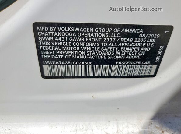1VWSA7A35LC024608 2020 VOLKSWAGEN PASSAT White 