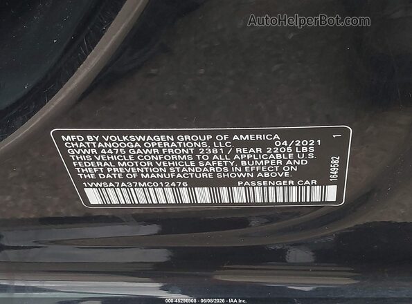 1VWSA7A37MC012476 2021 VOLKSWAGEN PASSAT Black Engine compartment view