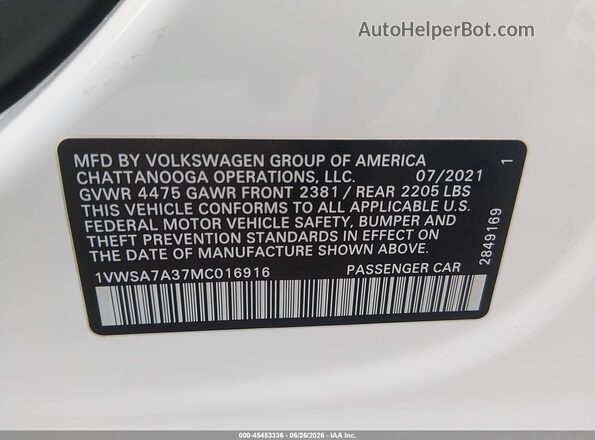 1VWSA7A37MC016916 2021 VOLKSWAGEN PASSAT White Вид підкапотного простору