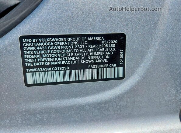 1VWSA7A38LC018298 2020 VOLKSWAGEN PASSAT Silver Вид підкапотного простору