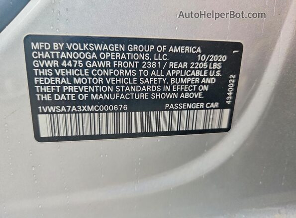 1VWSA7A3XMC000676 2021 VOLKSWAGEN PASSAT Silver Engine compartment view
