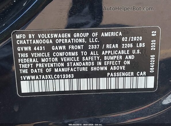 1VWWA7A3XLC013363 2020 VOLKSWAGEN PASSAT Black Շարժիչի բաժամունքի տեսք