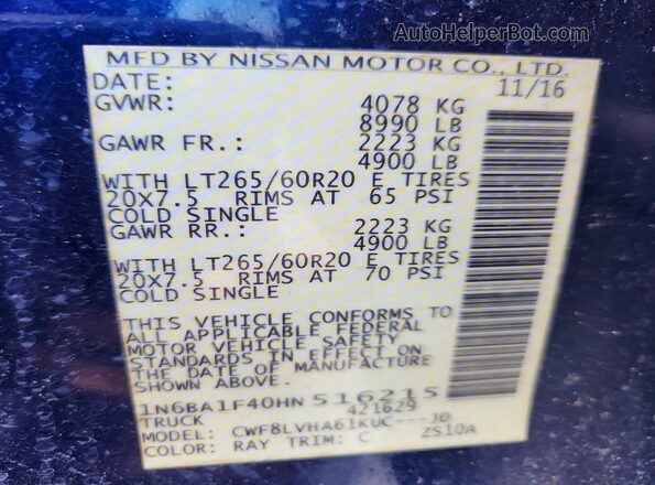 1N6BA1F40HN516215 2017 NISSAN TITAN Blue 