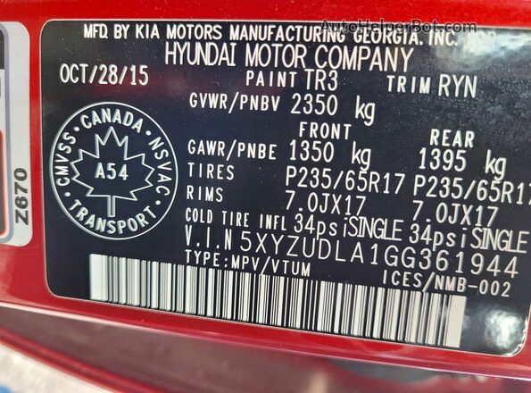 5XYZUDLA1GG361944 2016 HYUNDAI SANTA Red Vista interior trasera
