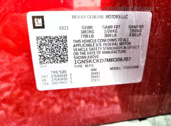 1GNSKCKD7MR306707 2021 CHEVROLET SUBURBAN Red Панорамний вид салону 360°