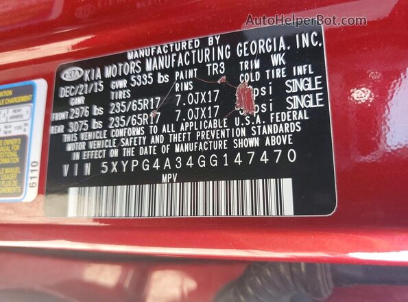 5XYPG4A34GG147470 2016 KIA SORENTO Red 