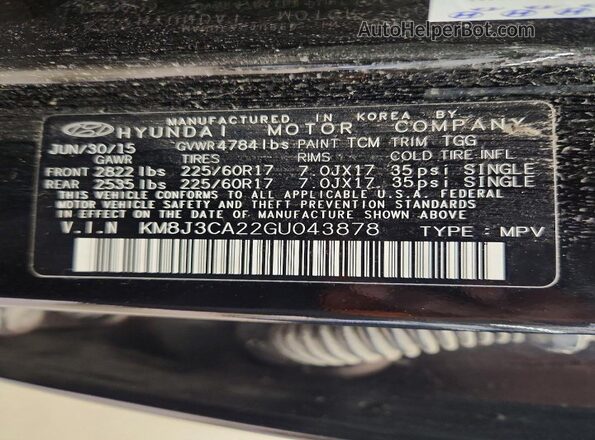 KM8J3CA22GU043878 2016 HYUNDAI TUCSON Черный Панорамный вид салона 360°
