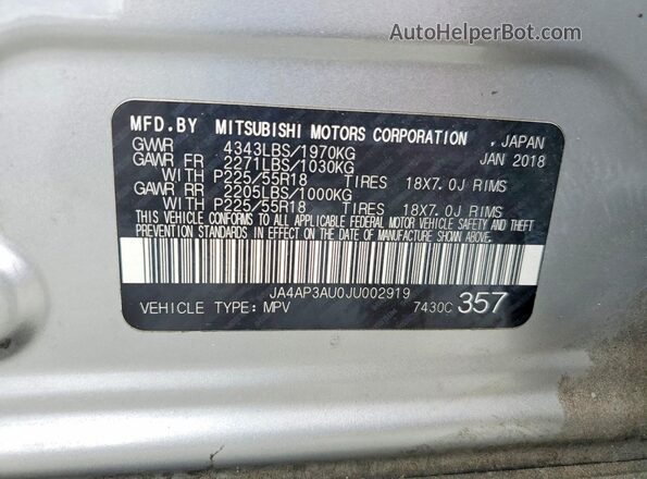 JA4AP3AU0JU002919 2018 MITSUBISHI OUTLANDER Silver Панорамний вид салону 360°