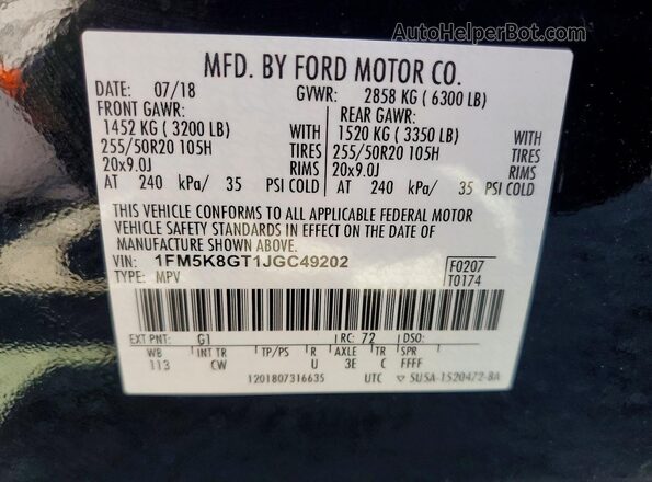 1FM5K8GT1JGC49202 2018 FORD EXPLORER Черный 