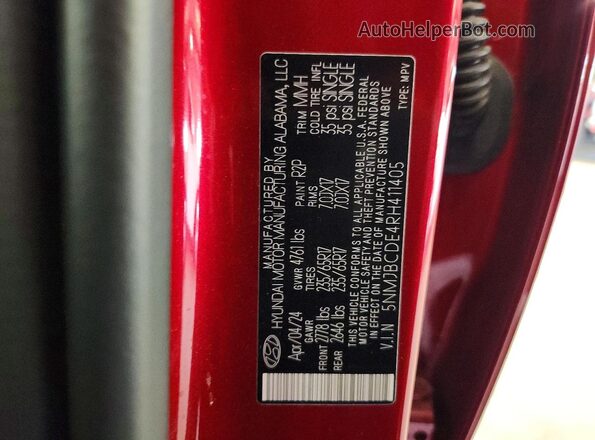 5NMJBCDE4RH411405 2024 HYUNDAI TUCSON Красный Панорамный вид салона 360°