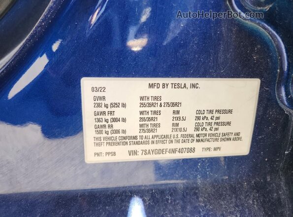 7SAYGDEF4NF407088 2022 TESLA MODEL Blue VIN կոդի պիտակի տեսք