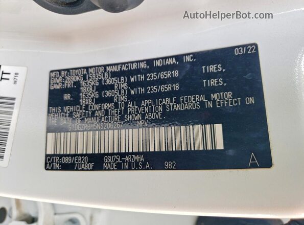 5TDGZRBH5NS206267 2022 TOYOTA HIGHLANDER White 