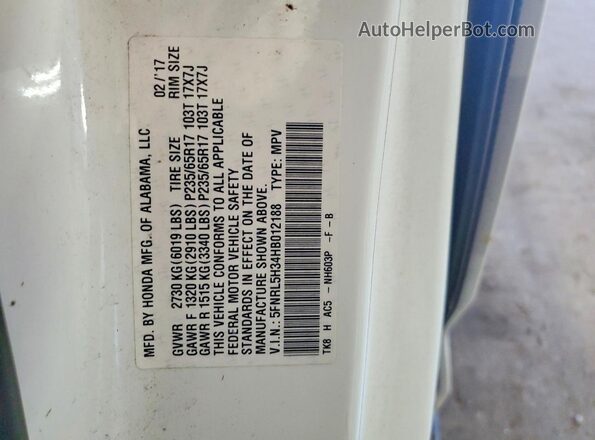 5FNRL5H34HB012188 2017 HONDA ODYSSEY White Սալոնի 360 աստիճան տեսք
