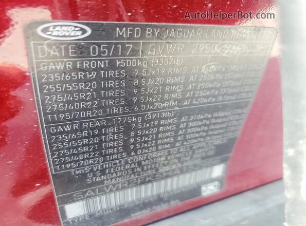 SALWR2FK5HA152956 2017 LAND ROVER RANGE ROVER Red 
