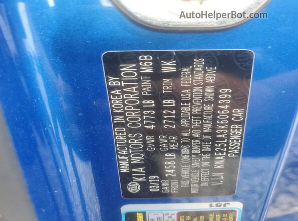 KNAE25LA3K6064399 2019 KIA STINGER Blue 