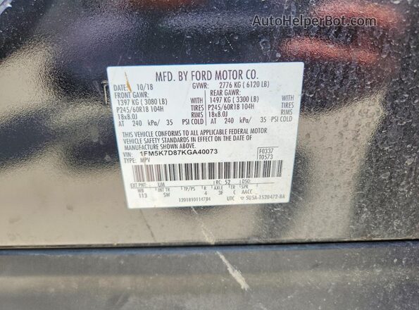 1FM5K7D87KGA40073 2019 FORD EXPLORER Black 