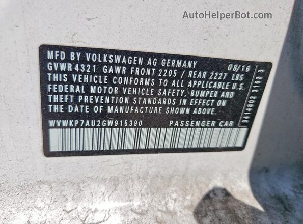 WVWKP7AU2GW915390 2016 VOLKSWAGEN GOLF White 