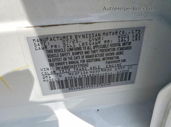 3N1AB8CV4SY376040 2025 NISSAN SENTRA White Vista de la etiqueta del VIN
