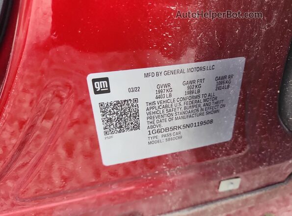 1G6DB5RK5N0119508 2022 CADILLAC CT4 Red VIN sticker view