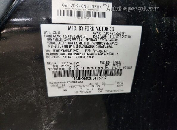 1FAHP2E8XHG116937 2017 FORD TAURUS Black 