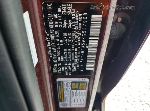 5XYPHDA59KG537908 2019 KIA SORENTO Maroon Սալոնի 360 աստիճան տեսք