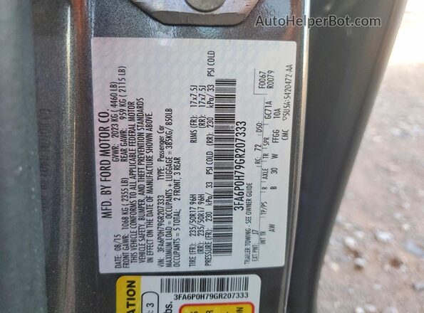 3FA6P0H79GR207333 2016 FORD FUSION Gray Widok naklejki z numerem VIN