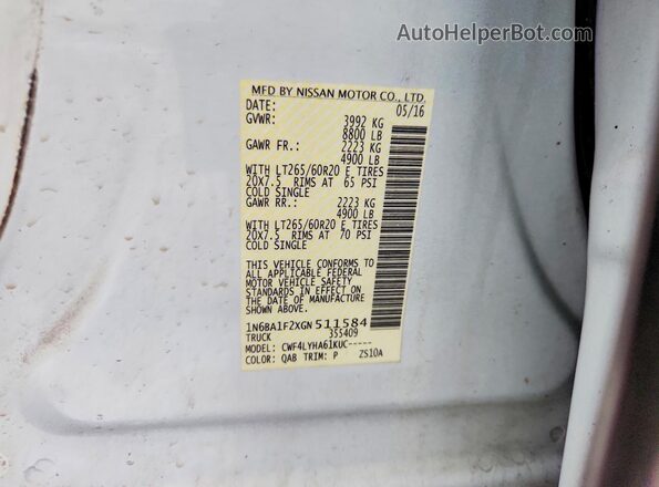 1N6BA1F2XGN511584 2016 NISSAN TITAN White Vista de la etiqueta del VIN