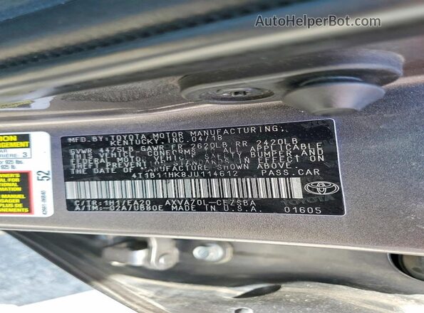 4T1B11HK8JU114612 2018 TOYOTA CAMRY Gray 